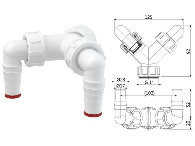 Колено с двумя штуцерами G1"/17-23 c обратными клапанами, Alcaplast