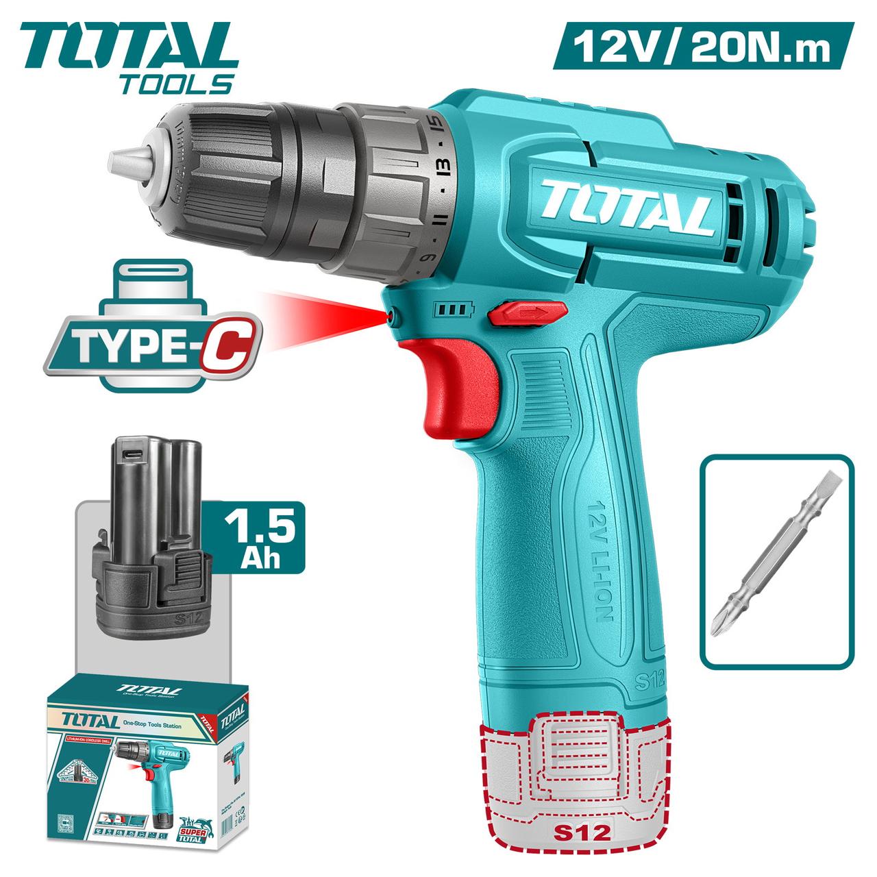 Дрель-шуруповерт TOTAL TDLI12456