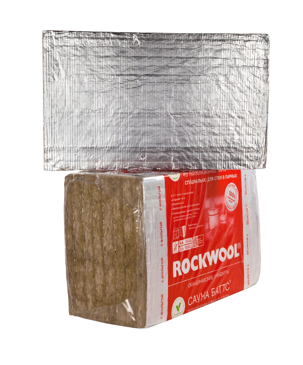 Утеплитель для бани ROCKWOOL Сауна Баттс 50*600*1000 (4,8 м2/уп.) с фольгой - фото 1 - id-p37571448