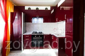Кухня с фасадом Акрил цвет Бордовый спеналами - фото 1 - id-p38477692