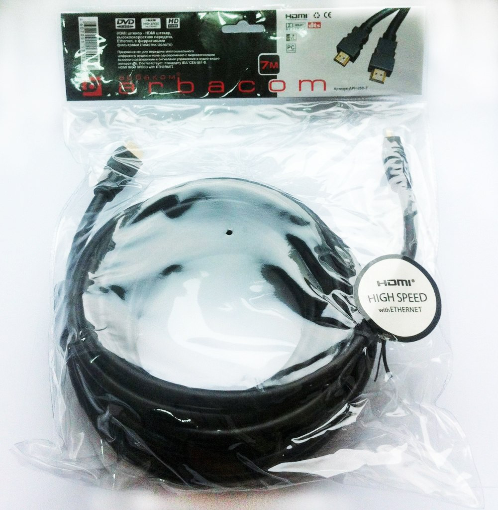 Шнур HDMI штекер - HDMI штекер, HIGH SPEED with Ethernet, 2 феррита, 7м, D8,5мм(пл-зол)( АРБАКОМ)