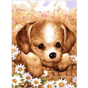 Картина по номерам Милый щенок в лукошке с ромашками 30х40 см