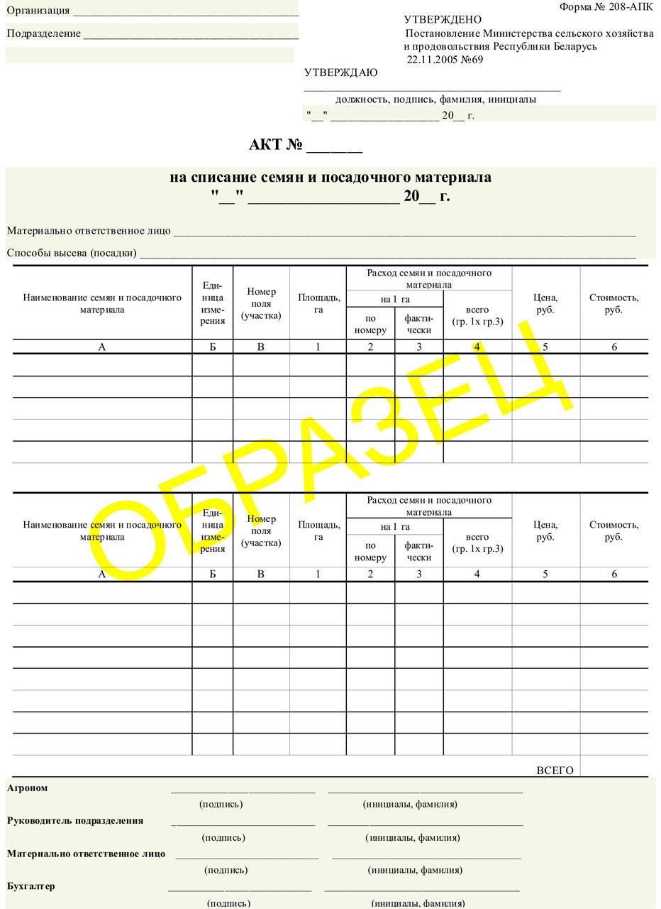 Акт на списание семян и посадочного материала А5/1+1 - фото 1 - id-p43048442