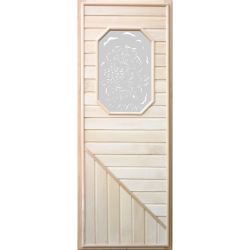 Дверь деревянная для бани и сауны DoorWood 750*1850 (вагонка, стекло 8-ми угольное, коробка липа)