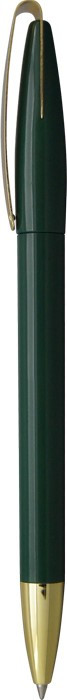 Пластиковая шариковая ручка зеленого цвета с металлическими элементами. Для нанесения логотипа
