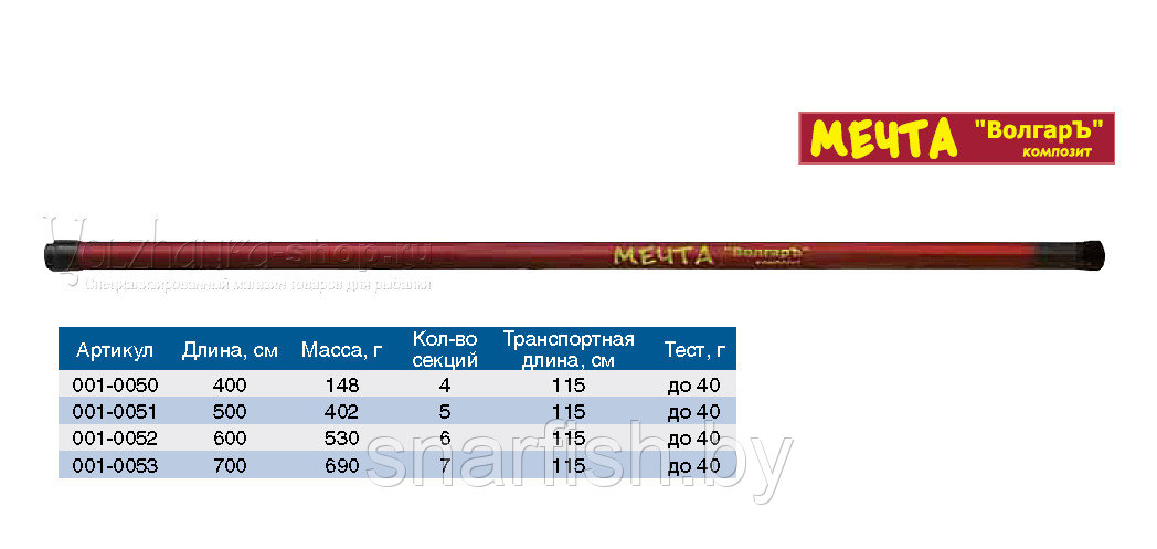 Удилище б/к "Волгаръ Мечта" 6,0м (6 секций) тест до 40гр (карбон 30%)