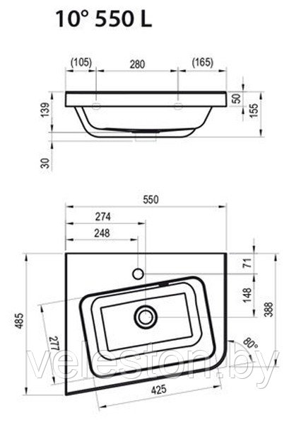 Умывальник 10° 550 L белый c отверстиями - фото 2 - id-p45549083