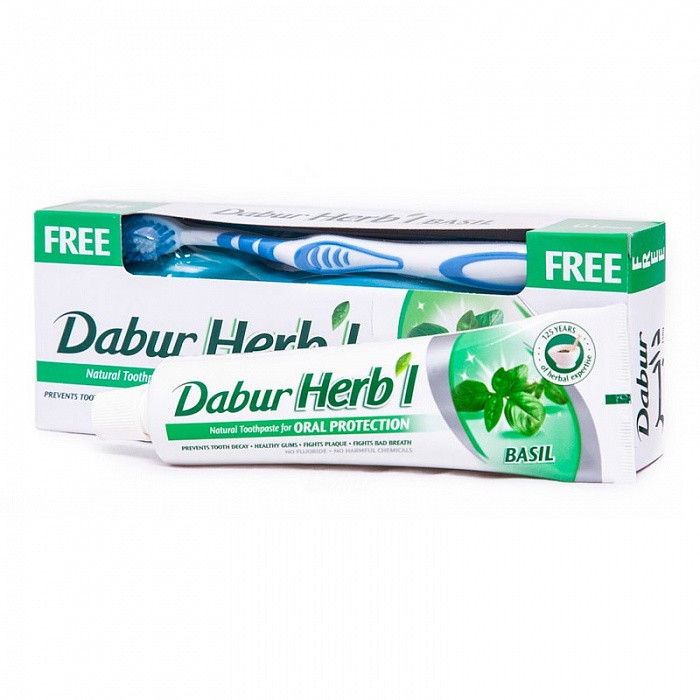 Зубная паста Дабур БАЗИЛИК (Dabur Herb'l Basil), 150г – травяная, без фтора, с зубной щеткой