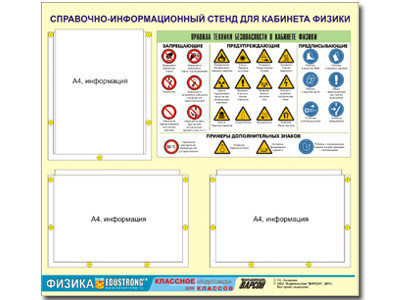 Стенд информационный ЭДУСТЕНД "Правила техники безопасности в кабинете физики" (75х70, 3 кармана) - фото 1 - id-p47916079