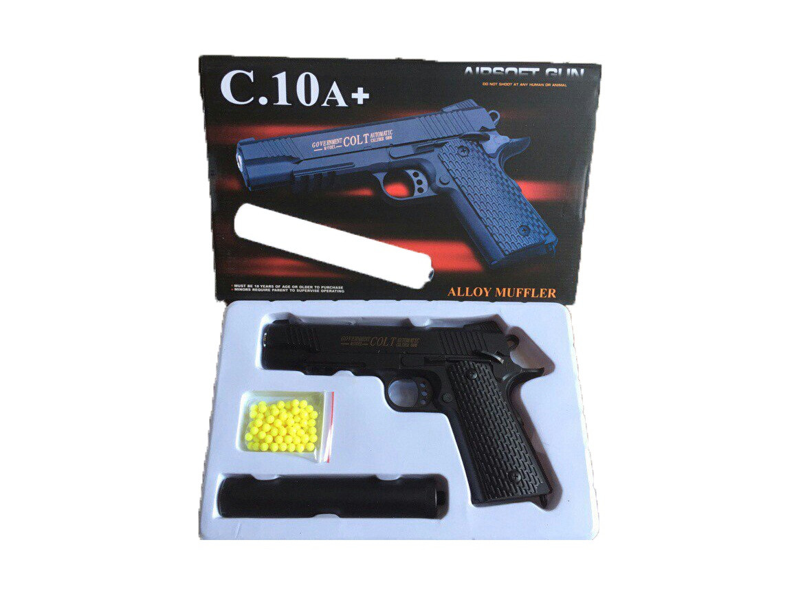 Пистолет игрушечный пневматический металлический с глушителем Airsoft Gun C.10А+ - фото 1 - id-p48636488
