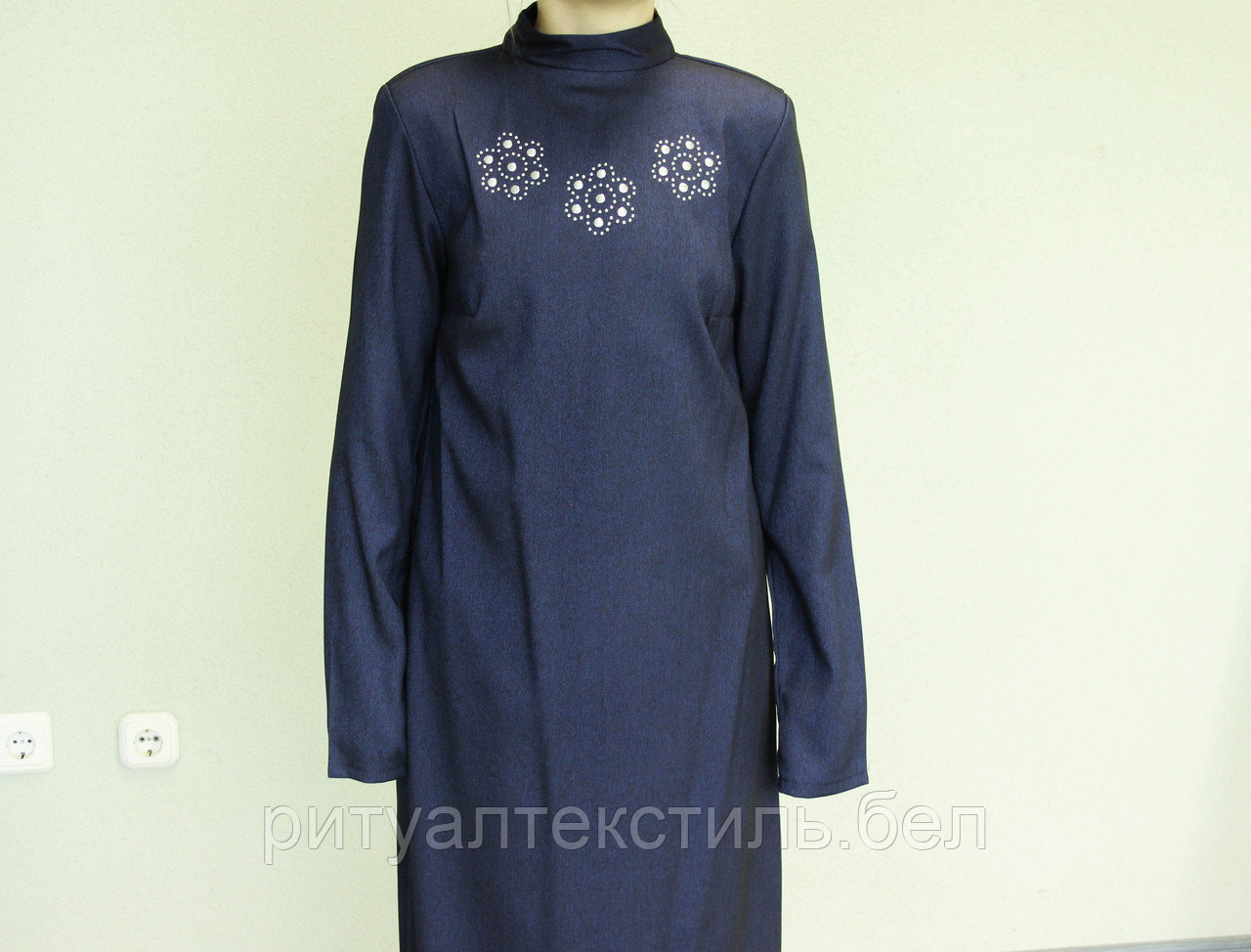 ОПТ. Платье женское ритуальное глубокий синий с аппликацией