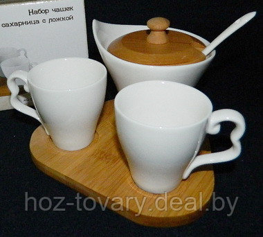 Набор фарфоровых чашек и сахарница с ложкой на бамбуковой подставке арт. 2640145 - фото 2 - id-p49133990