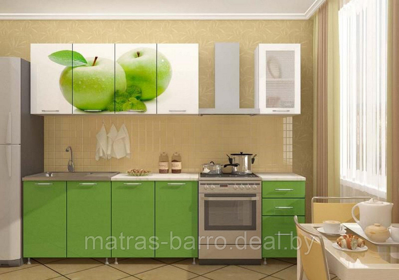 Кухня с фасадами фотопечать Яблоко 1.8 метра (белый глянец/салатовый металлик)
