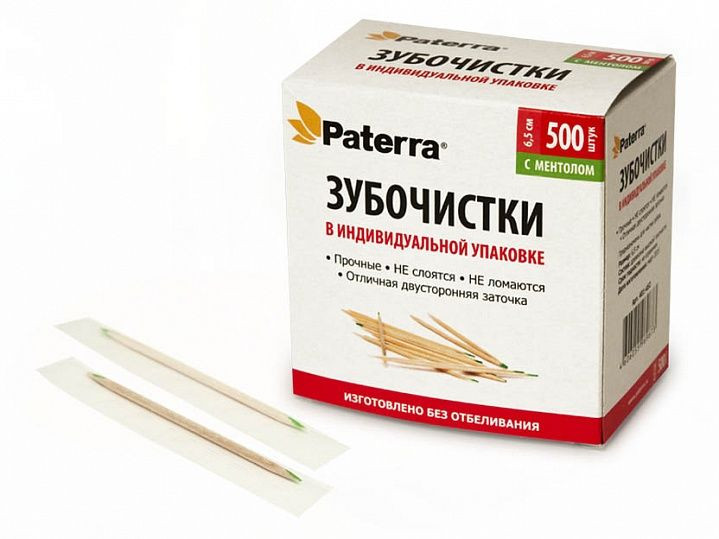 Зубочистки деревянные, с ментолом, 500 шт. в кор. каждая шт. в инд. упак.