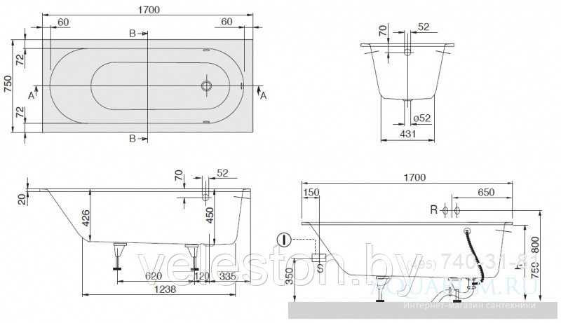 VILLEROY&BOCH АКРИЛОВАЯ ВАННА 170X75 OBERON UBQ170OBE2V01 - фото 3 - id-p51156749