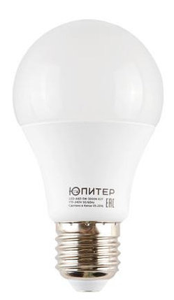 Лампа светодиодная A60 СТАНДАРТ 5 Вт 170-240В E27 3000К ЮПИТЕР (45 Вт аналог лампы накал., теплый белый свет), фото 2