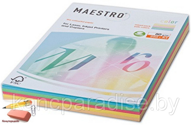 Бумага цветная Maestro color mix pale A4, 5 цв. х 50 л., плотность 80г/м2, 250 листов, RB01