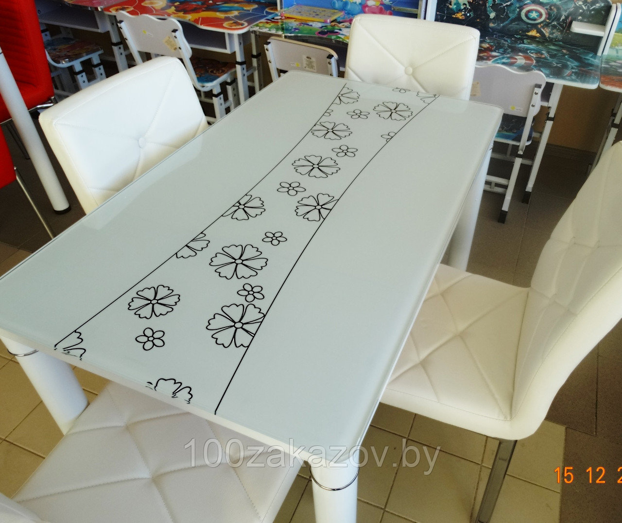 Стеклянный кухонный стол 100*60. Кухонный стол с нежными цветочками А61-106 - фото 1 - id-p53949179