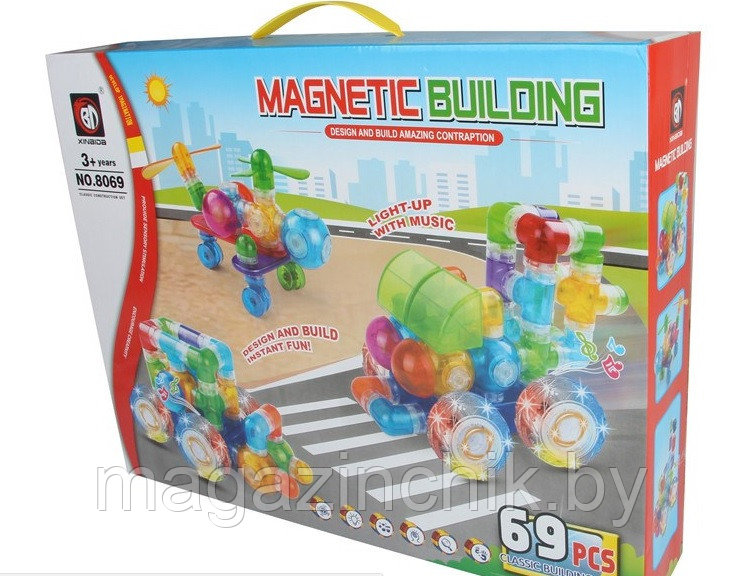 Магнитный объемный конструктор Magnetic blocks 69 деталей, 8069, со светом и звуком