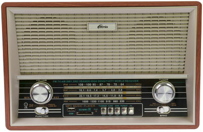 Радиоприёмник Ritmix RPR-101 Wood (FM/AM/SW, USB, SD, пульт, аккумулятор, сеть 220В, 2 динамика, эквалайзер)