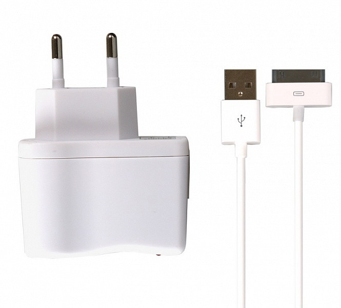 Сетевое зарядное устройство SmartBuy NOVA 2.1A, USB, кабель iPhone 4/4S 30pin, белый - фото 1 - id-p55448683