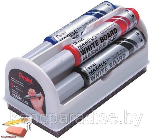 Набор маркеров для доски Pentel Maxiflo, 4 штуки+губка