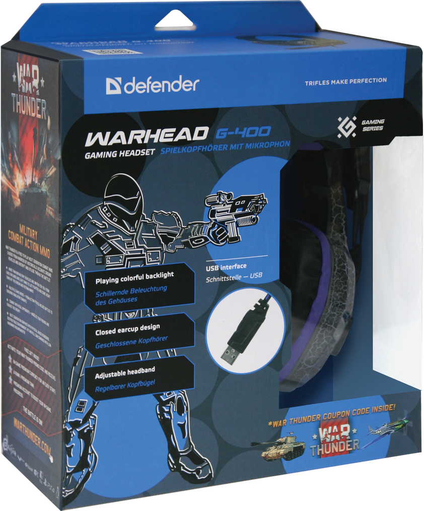 Игровые наушники с микрофоном Defender Warhead G-400 USB, подсветка, кабель 2,1 м - фото 5 - id-p55992462