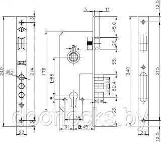 Корпус замка врезного цилиндрового 152/3MR (45 mm) w/b (латунь) - фото 2 - id-p56999951