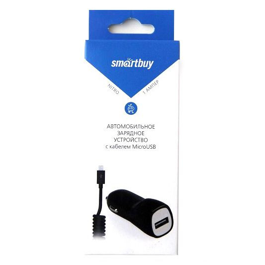 Автомобильное зарядное устройство SmartBuy NITRO 1A, USB + витой кабель MicroUSB, чёрное - фото 2 - id-p58615169