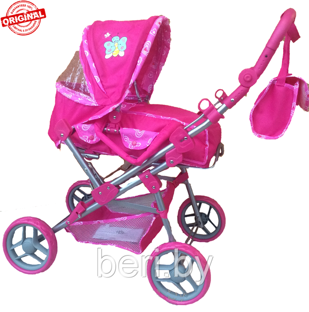 Коляска для кукол, коляска-трансформер с перекидной ручкой, с люлькой, с сумочкой MELOBO 9368, розовая