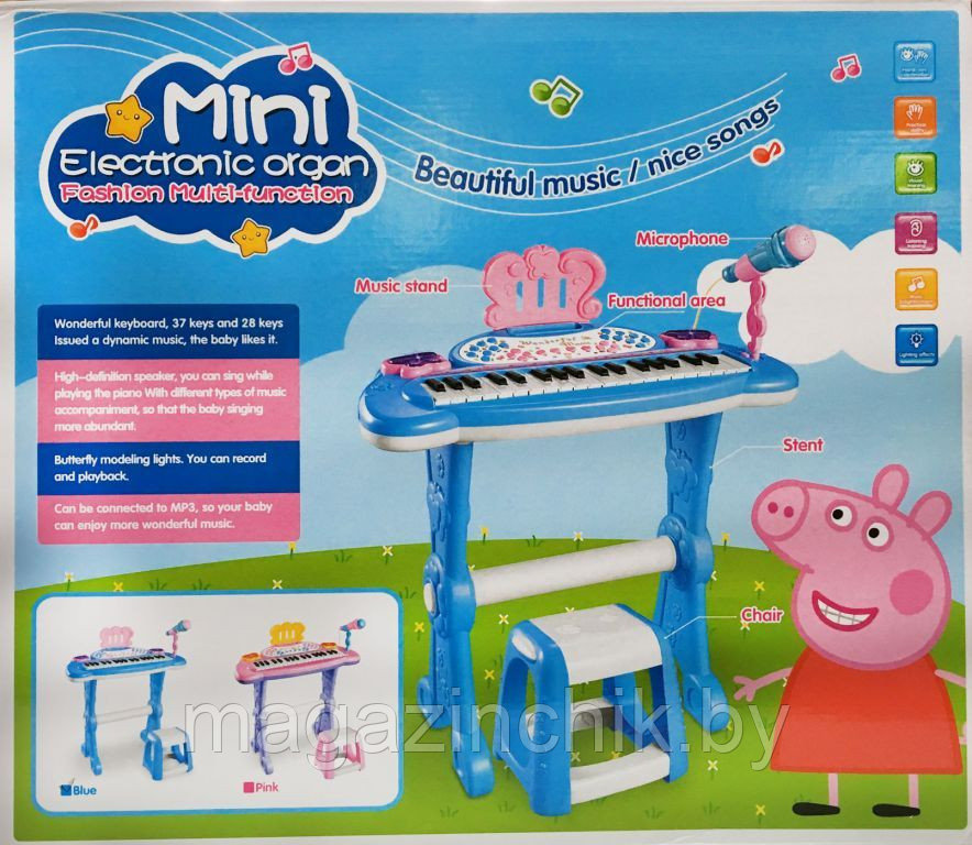 Детский электронный синтезатор пианино с микрофоном Свинка Пеппа со стульчиком от сети и от батар, MP3 кабель - фото 2 - id-p59675520