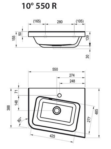 УМЫВАЛЬНИК УГЛОВОЙ RAVAK 550 10° 55X48,5 R - фото 4 - id-p59682148