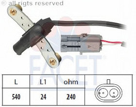 Датчик коленвала FACET. RENAULT 21/ 25/ ESPACE II/ MEGAN, 2.0/ 2.2/ 2.8i. 86>