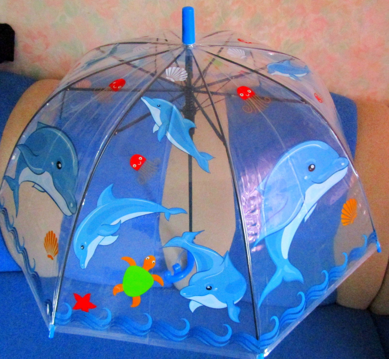 Зонт-трость прозрачный полуавтомат "дельфин" со свистком - фото 1 - id-p60662110