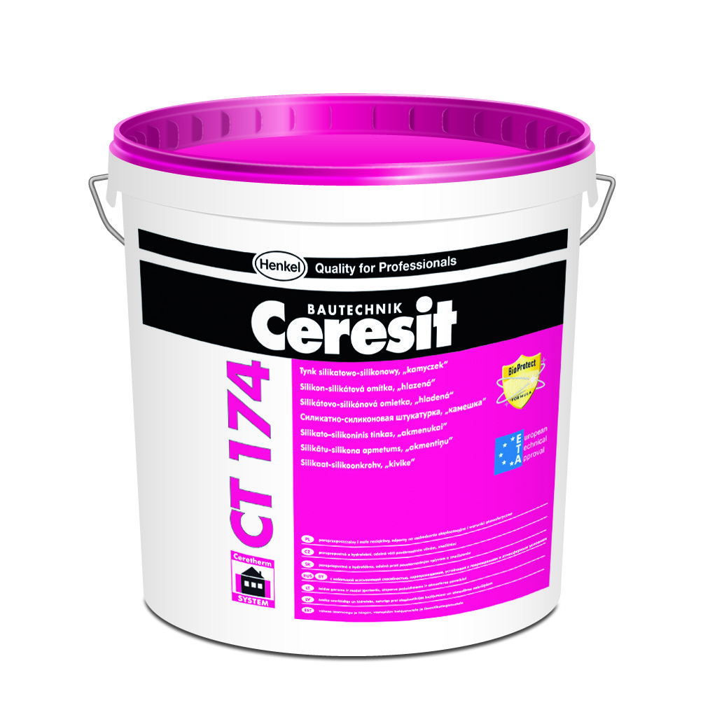 Ceresit CT 174 1,5 мм цветная декоративная силикатно-силиконовая штукатурка камешковая, 25кг (группа C) - фото 1 - id-p60743000