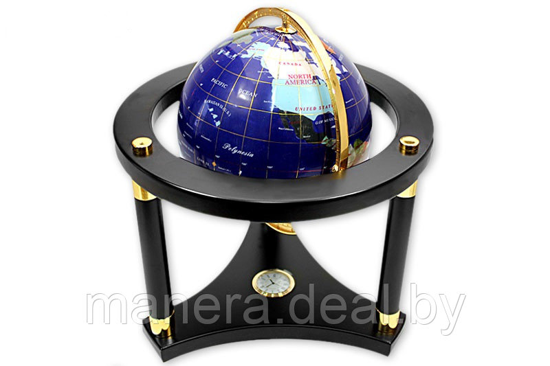 Глобус напольный, с часами, высота 35см c полудрагоценными камнями