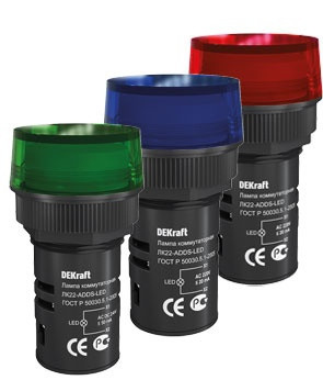 Лампа комм. ADDS d22 мм LED кр. 220В AC/DC ЛK-22 DEKraft