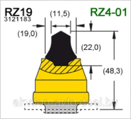 Резец RZ-19 пр. США для дорожной техн.,(фреза типа 8047А,ФД-400, ДЭМ-121 и др. устанавливаемые на МТ, фото 2