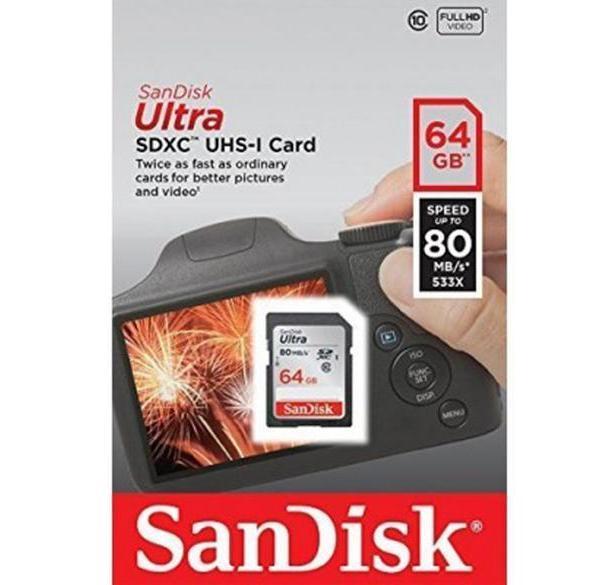 Карта памяти SDXC 64GB SanDisk Ultra, Class 10, 80 МБ/с