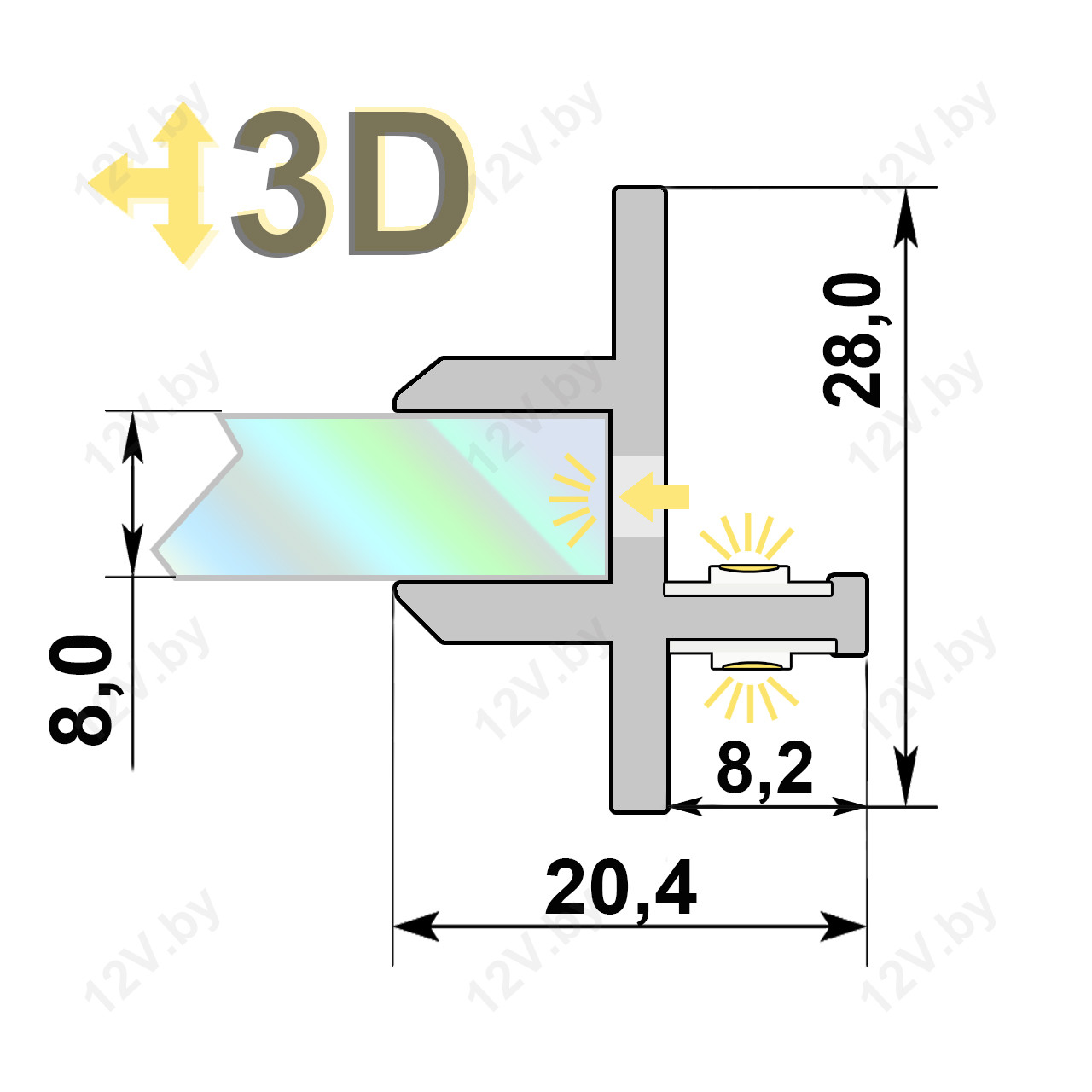 Алюминиевый профиль PA-GLASS 3D накладной для подсветки стекла и полок 28х20х2000mm.[S] - фото 3 - id-p61682307