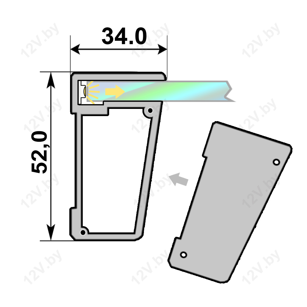Алюминиевый профиль для подсветки стеклянных полок PAK-GLASS 3452 ANOD накладной 34х52х2500mm.[L] - фото 2 - id-p61682526