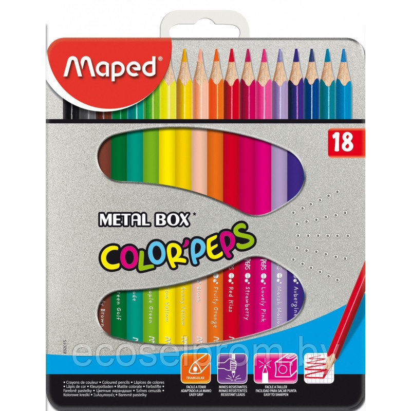 Цветные карандаши Maped "Color Peps" в металлическом пенале / 18