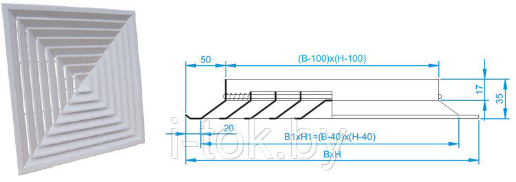 Потолочные вентиляционные решетки: РС5 (стальные), РА5 (алюминиевые);  панельные решетки РА5ПН (алюминиевые) 