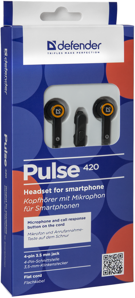 Проводная гарнитура для смартфонов Defender Pulse 420 черный + оранжевый, вставки - фото 5 - id-p62523740
