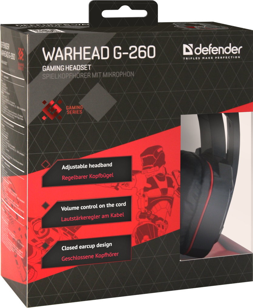 Игровые наушники с микрофоном Defender Warhead G-260 красный + черный, кабель 1,8 м - фото 7 - id-p62533623