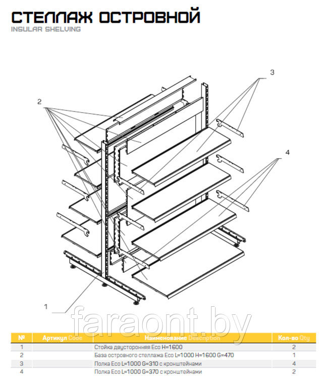Стеллаж островной торговый металлический для магазинов серии Эко Лайн