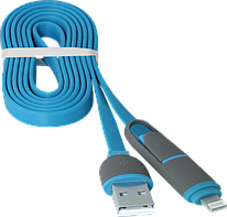 Кабель USB - 8-pin (Lightning) + MicroUSB Defender USB10-03BP синий, 1м