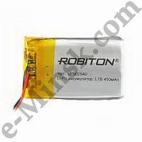 Аккумулятор литий-полимерный Li-Po (Li-Ion Pol) ROBITON LP502540 3.7В 450mAh PK1 (5х25x40мм), КНР