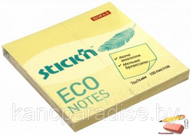 Блок для заметок Stick`n ECO, 76x76мм., 60г/м2, 100 листов, пастель, желтый