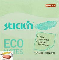 Блок для заметок Stick`n ECO, 76x76мм., 60г/м2, 100 листов, пастель, зеленый